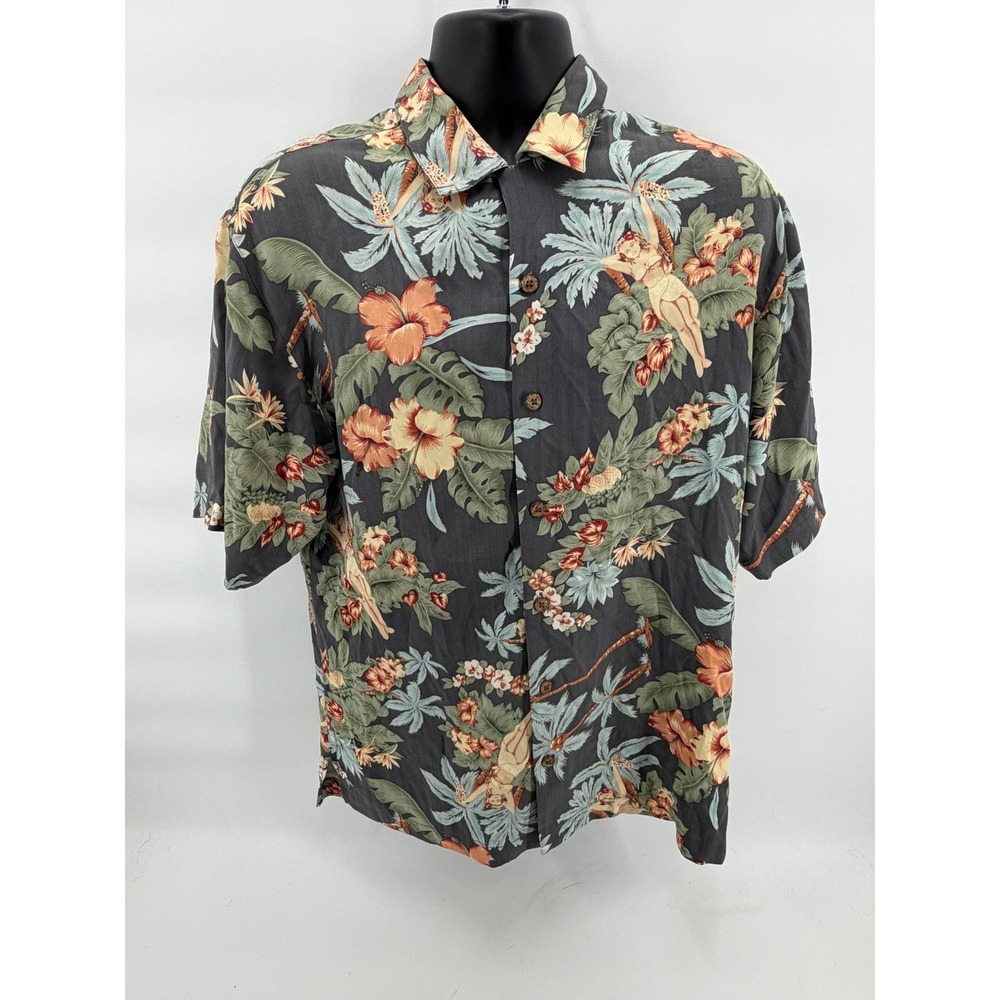 Tommy Bahama Button Down Shirt Mens‎ M Grey Silk Tropical Hula Girl Floral Aloha